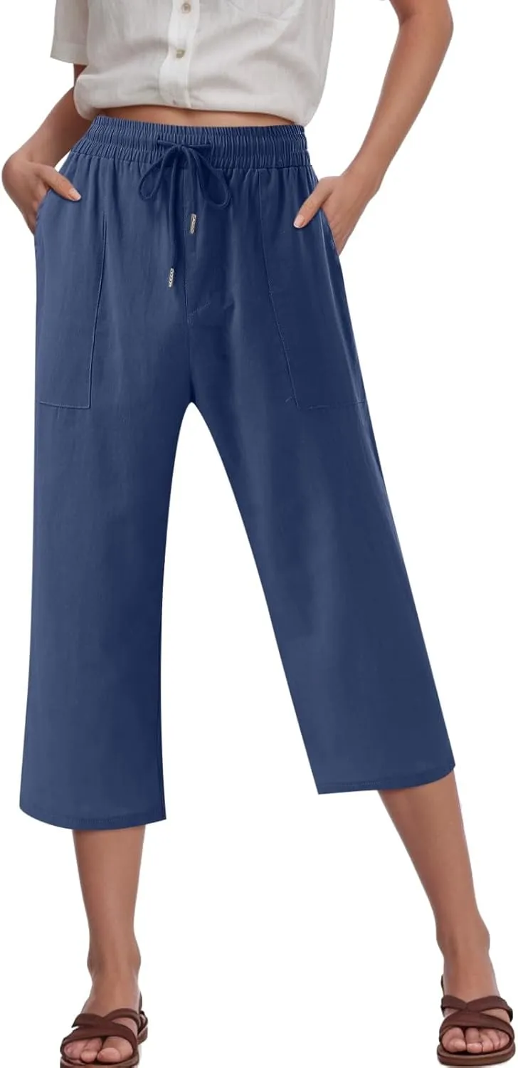 Capris Pants for Women Cotton Linen Casual Summer 2025 Drawstring Elastic Waist Straight Wide Leg Loose Cropped Trouser