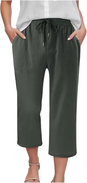 Capris Pants for Women Cotton Linen Casual Summer 2025 Drawstring Elastic Waist Straight Wide Leg Loose Cropped Trouser