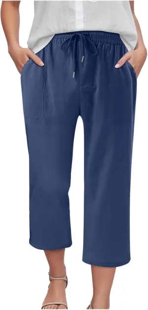 Capris Pants for Women Cotton Linen Casual Summer 2025 Drawstring Elastic Waist Straight Wide Leg Loose Cropped Trouser