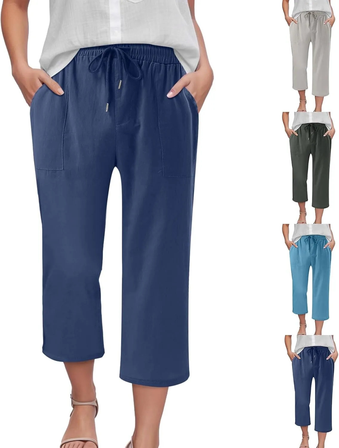 Capris Pants for Women Cotton Linen Casual Summer 2025 Drawstring Elastic Waist Straight Wide Leg Loose Cropped Trouser