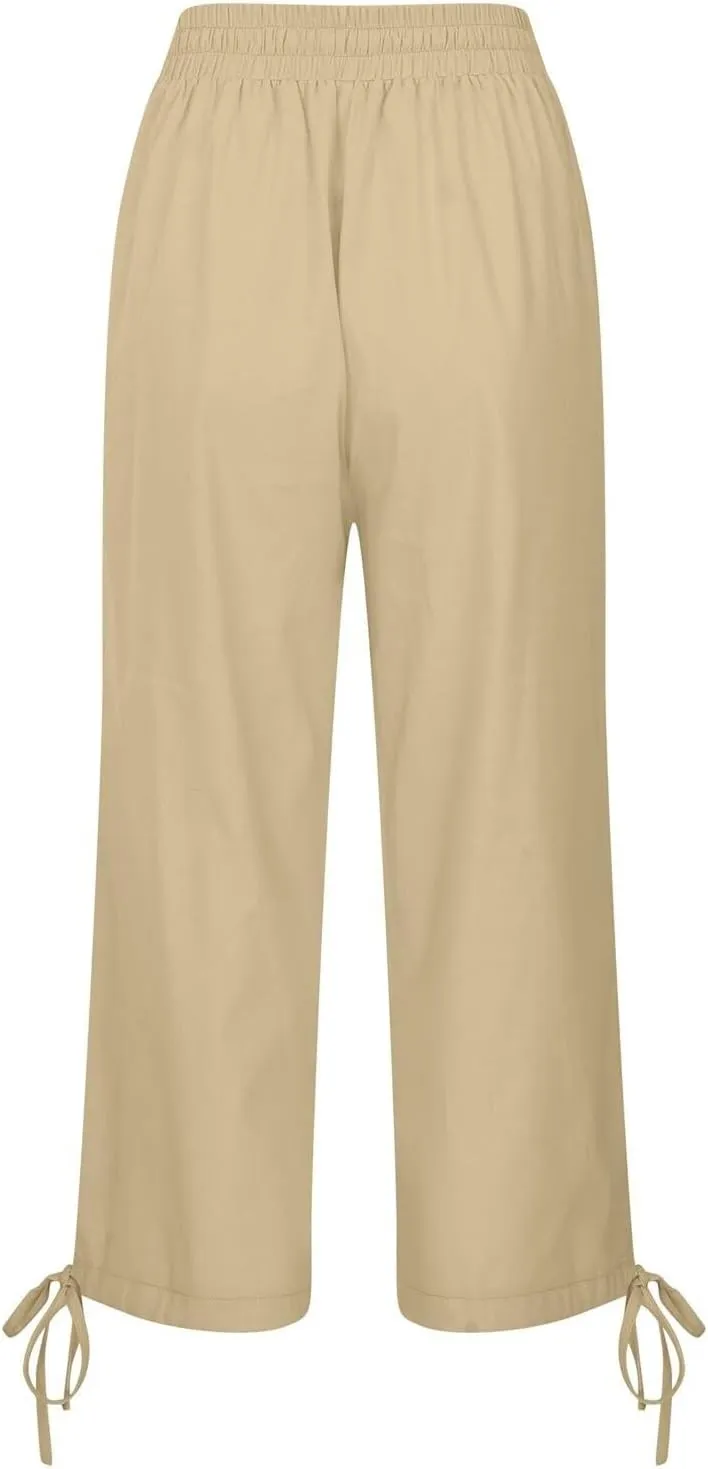 Capris Pants for Women Cotton Linen Casual Summer 2025 Drawstring Elastic Waist Straight Wide Leg Loose Cropped Trouser