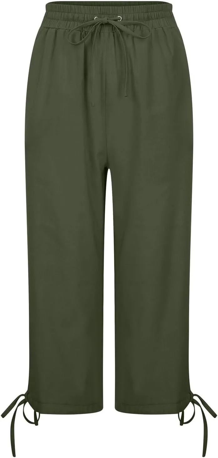 Capris Pants for Women Cotton Linen Casual Summer 2025 Drawstring Elastic Waist Straight Wide Leg Loose Cropped Trouser