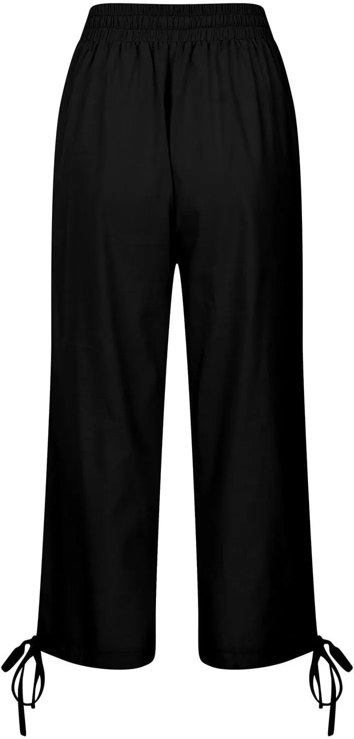 Capris Pants for Women Cotton Linen Casual Summer 2025 Drawstring Elastic Waist Straight Wide Leg Loose Cropped Trouser