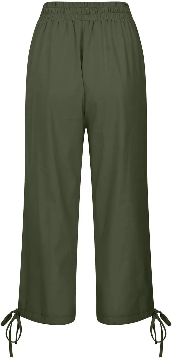 Capris Pants for Women Cotton Linen Casual Summer 2025 Drawstring Elastic Waist Straight Wide Leg Loose Cropped Trouser