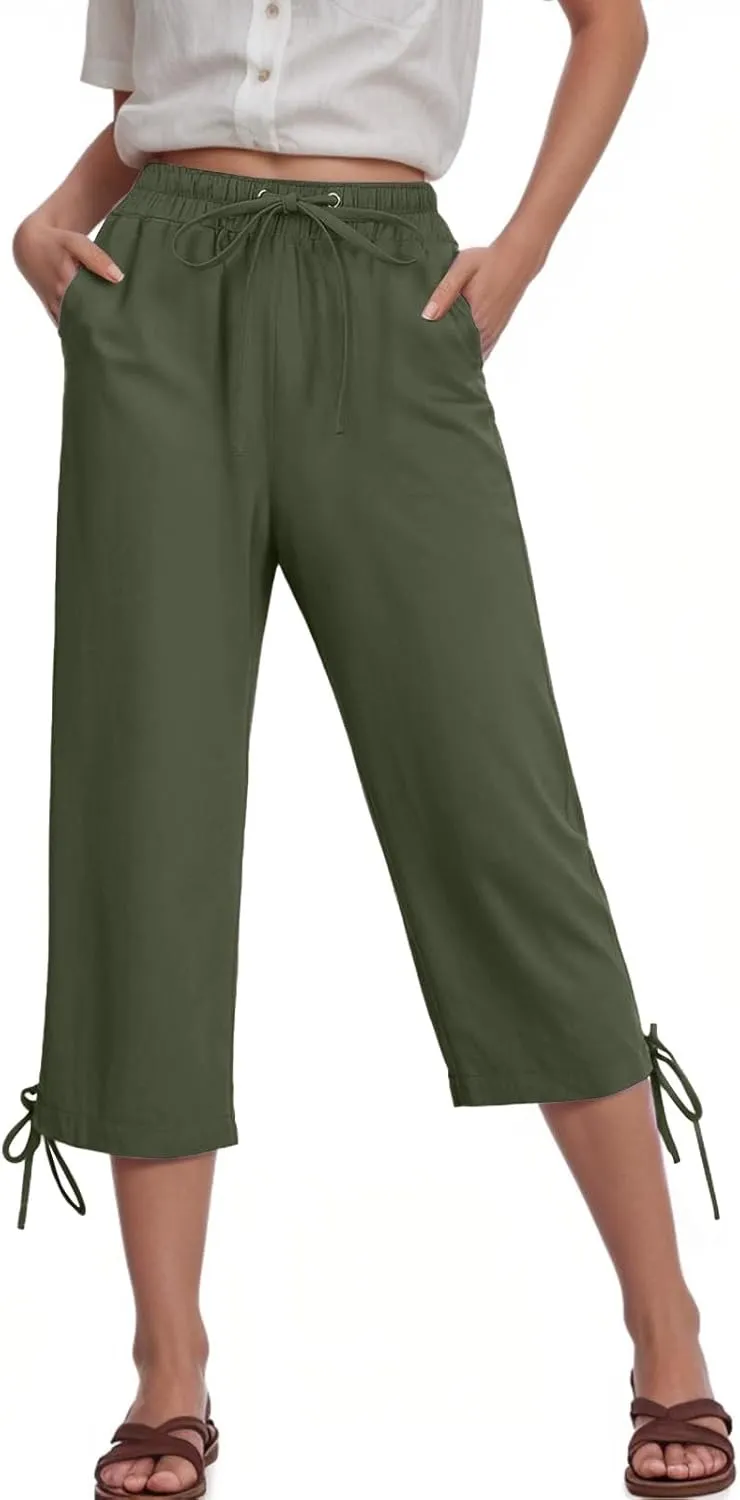 Capris Pants for Women Cotton Linen Casual Summer 2025 Drawstring Elastic Waist Straight Wide Leg Loose Cropped Trouser