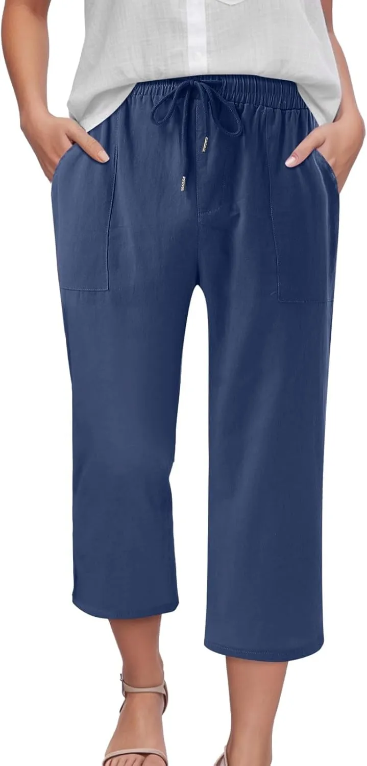 Capris Pants for Women Cotton Linen Casual Summer 2025 Drawstring Elastic Waist Straight Wide Leg Loose Cropped Trouser
