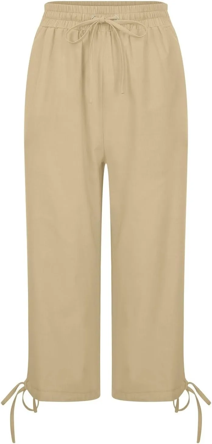 Capris Pants for Women Cotton Linen Casual Summer 2025 Drawstring Elastic Waist Straight Wide Leg Loose Cropped Trouser