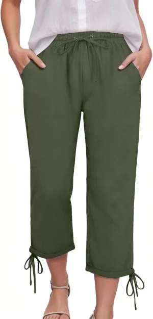 Capris Pants for Women Cotton Linen Casual Summer 2025 Drawstring Elastic Waist Straight Wide Leg Loose Cropped Trouser