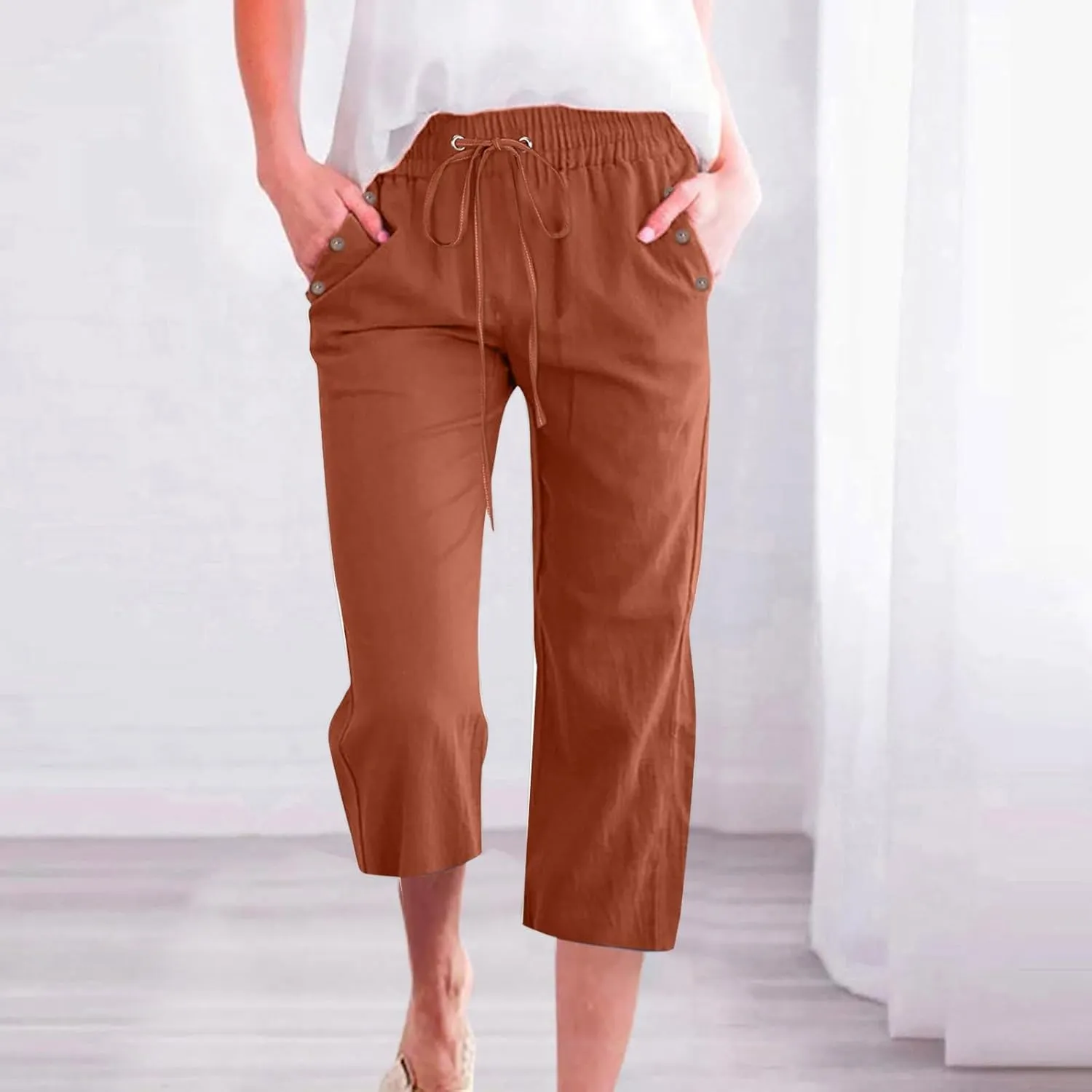 Capris Pants for Women Cotton Linen Casual Summer 2025 Straight Wide Leg Drawstring Elastic Waist Cropped Trouser