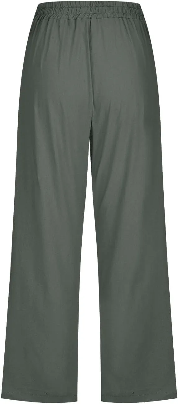 Capris Pants for Women Cotton Linen Casual Summer 2025 Straight Wide Leg Drawstring Elastic Waist Cropped Trouser