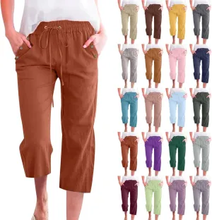 Capris Pants for Women Cotton Linen Casual Summer 2025 Straight Wide Leg Drawstring Elastic Waist Cropped Trouser