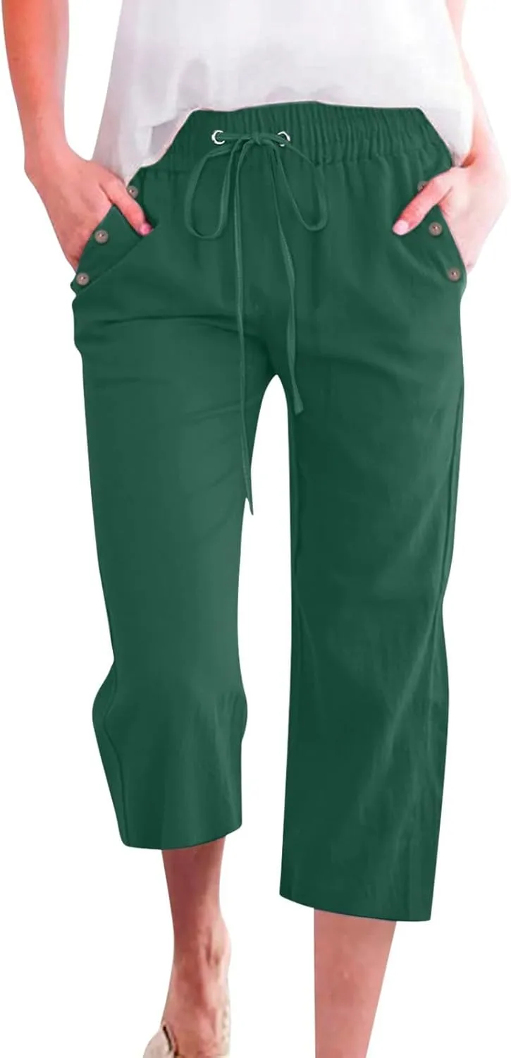 Capris Pants for Women Cotton Linen Casual Summer 2025 Straight Wide Leg Drawstring Elastic Waist Cropped Trouser