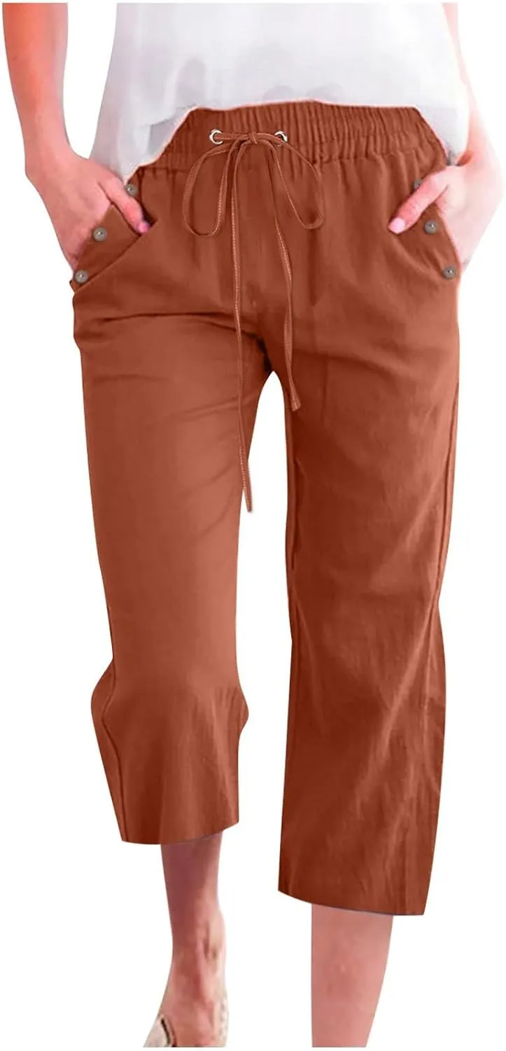Capris Pants for Women Cotton Linen Casual Summer 2025 Straight Wide Leg Drawstring Elastic Waist Cropped Trouser