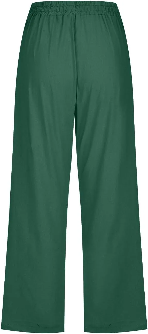 Capris Pants for Women Cotton Linen Casual Summer 2025 Straight Wide Leg Drawstring Elastic Waist Cropped Trouser