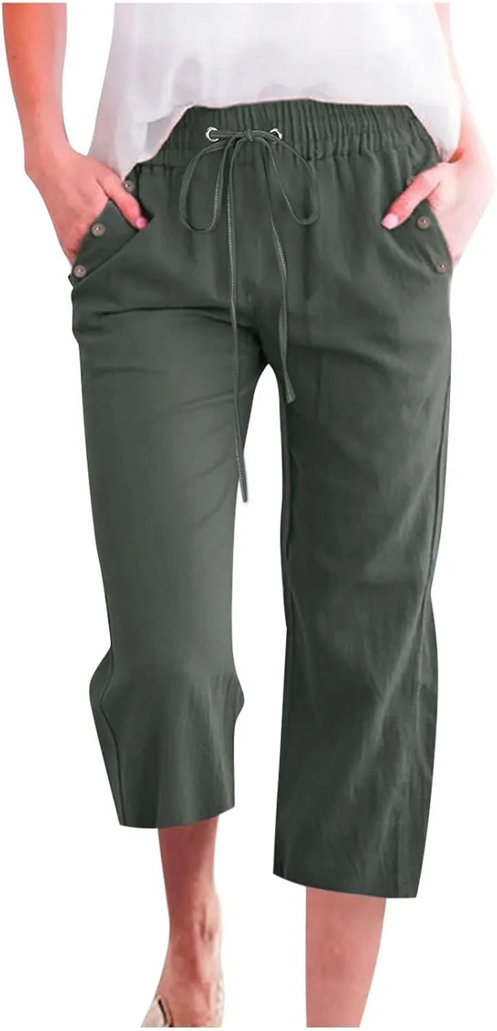 Capris Pants for Women Cotton Linen Casual Summer 2025 Straight Wide Leg Drawstring Elastic Waist Cropped Trouser