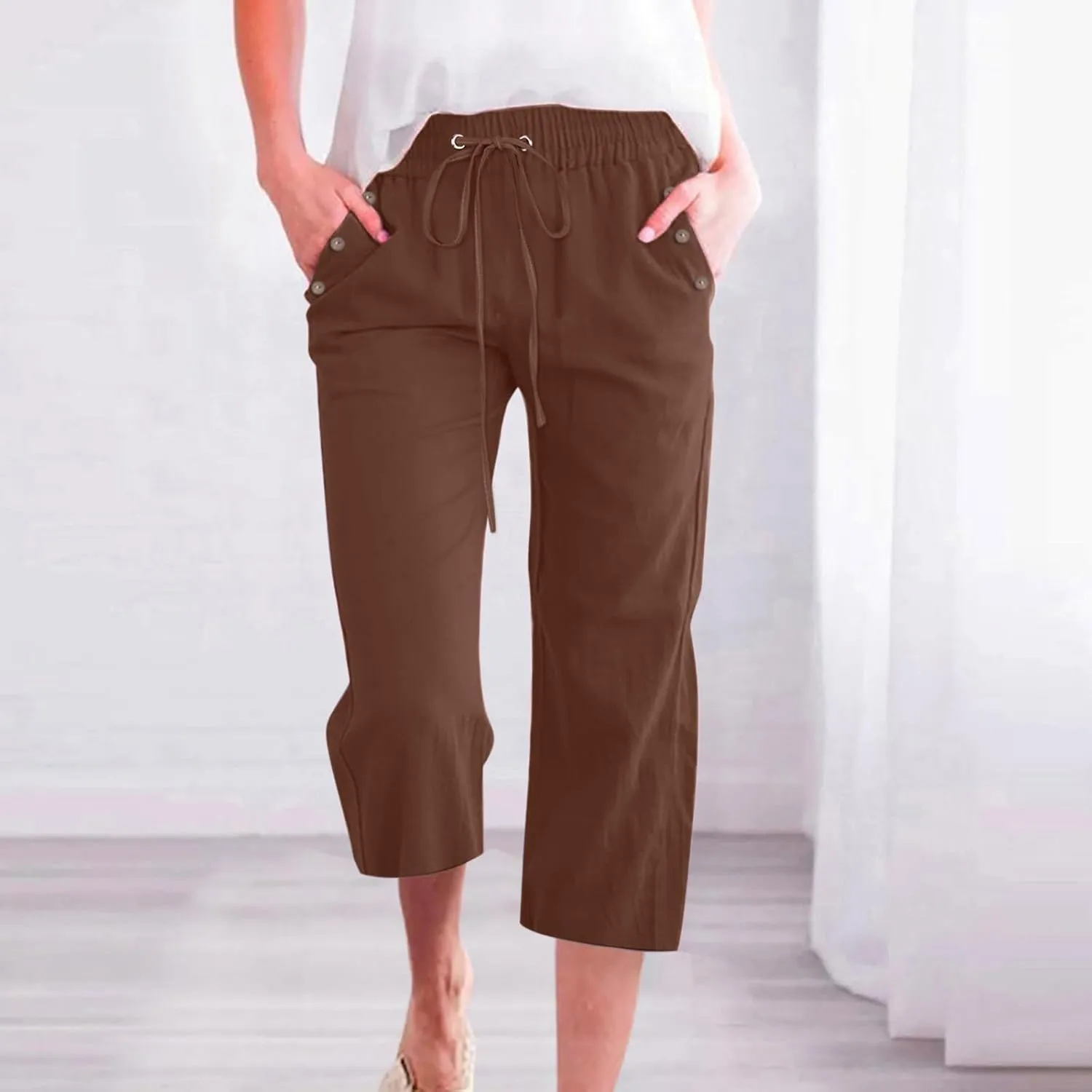Capris Pants for Women Cotton Linen Casual Summer 2025 Straight Wide Leg Drawstring Elastic Waist Cropped Trouser