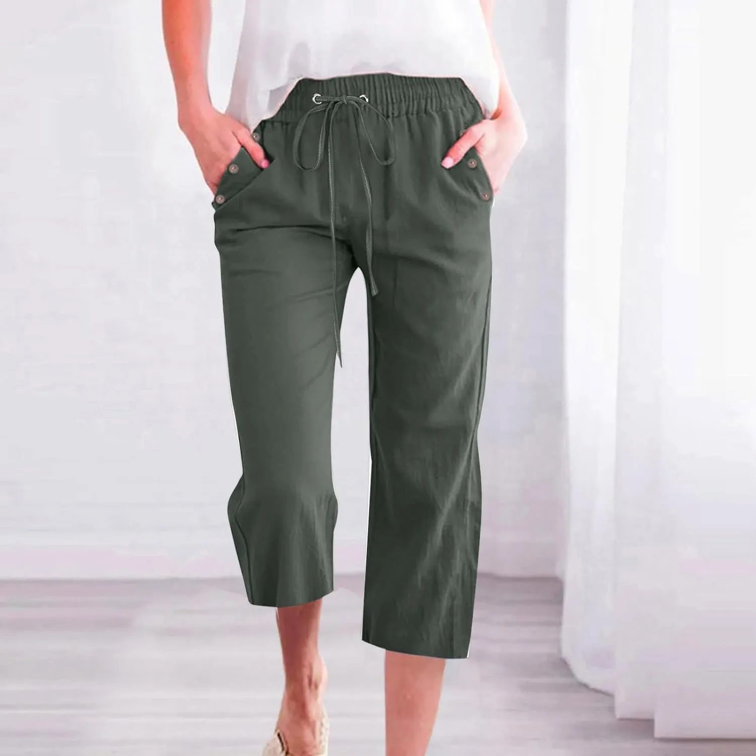 Capris Pants for Women Cotton Linen Casual Summer 2025 Straight Wide Leg Drawstring Elastic Waist Cropped Trouser