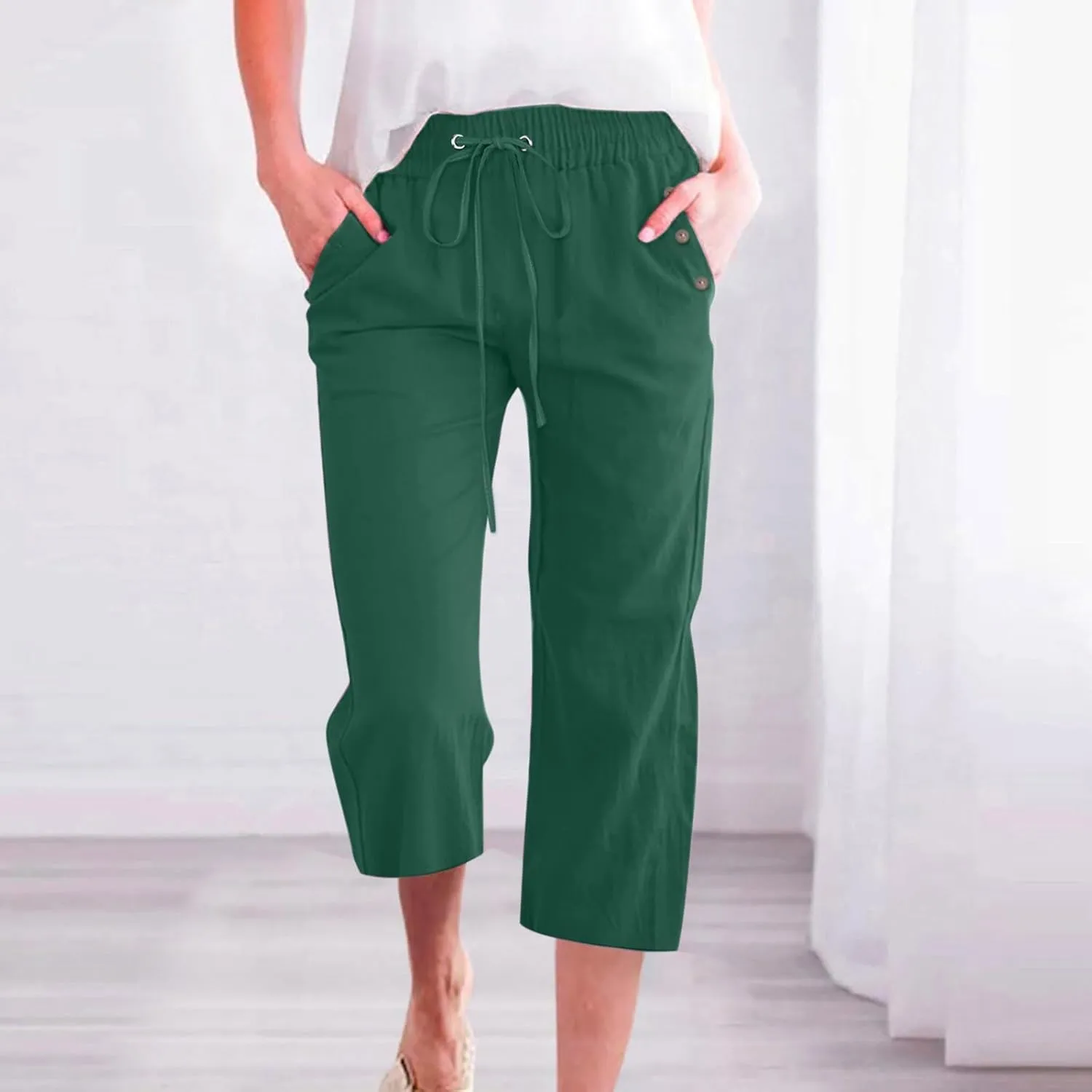 Capris Pants for Women Cotton Linen Casual Summer 2025 Straight Wide Leg Drawstring Elastic Waist Cropped Trouser