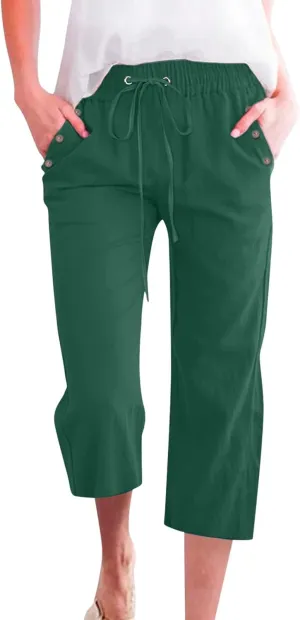 Capris Pants for Women Cotton Linen Casual Summer 2025 Straight Wide Leg Drawstring Elastic Waist Cropped Trouser