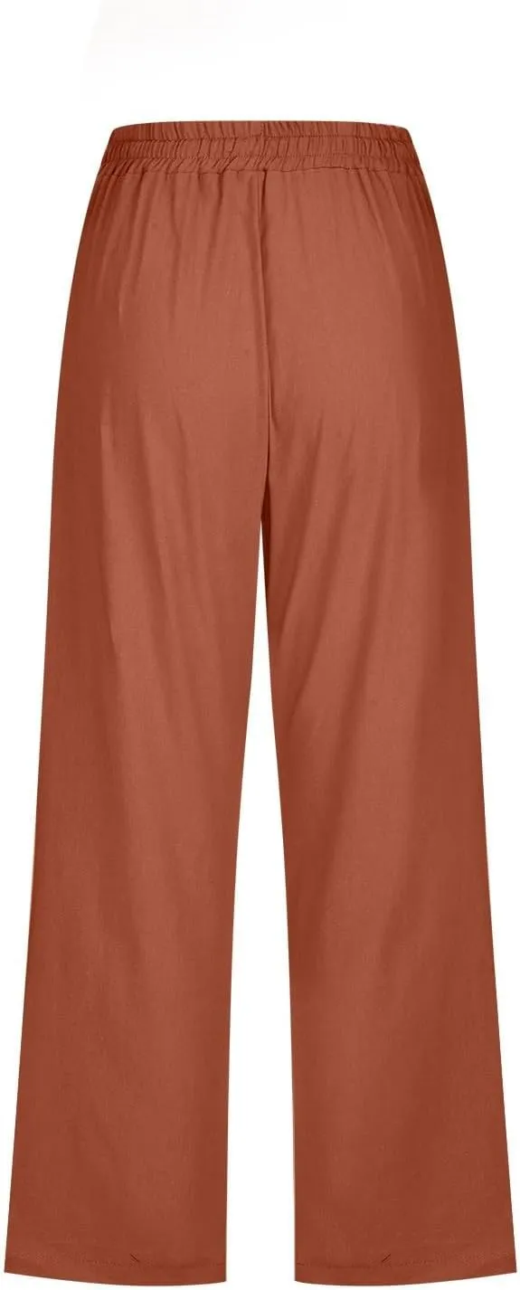 Capris Pants for Women Cotton Linen Casual Summer 2025 Straight Wide Leg Drawstring Elastic Waist Cropped Trouser