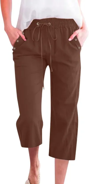 Capris Pants for Women Cotton Linen Casual Summer 2025 Straight Wide Leg Drawstring Elastic Waist Cropped Trouser