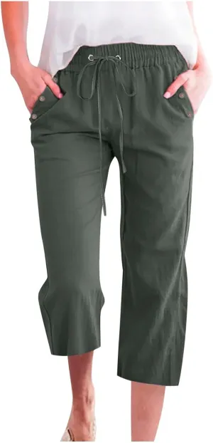 Capris Pants for Women Cotton Linen Casual Summer 2025 Straight Wide Leg Drawstring Elastic Waist Cropped Trouser