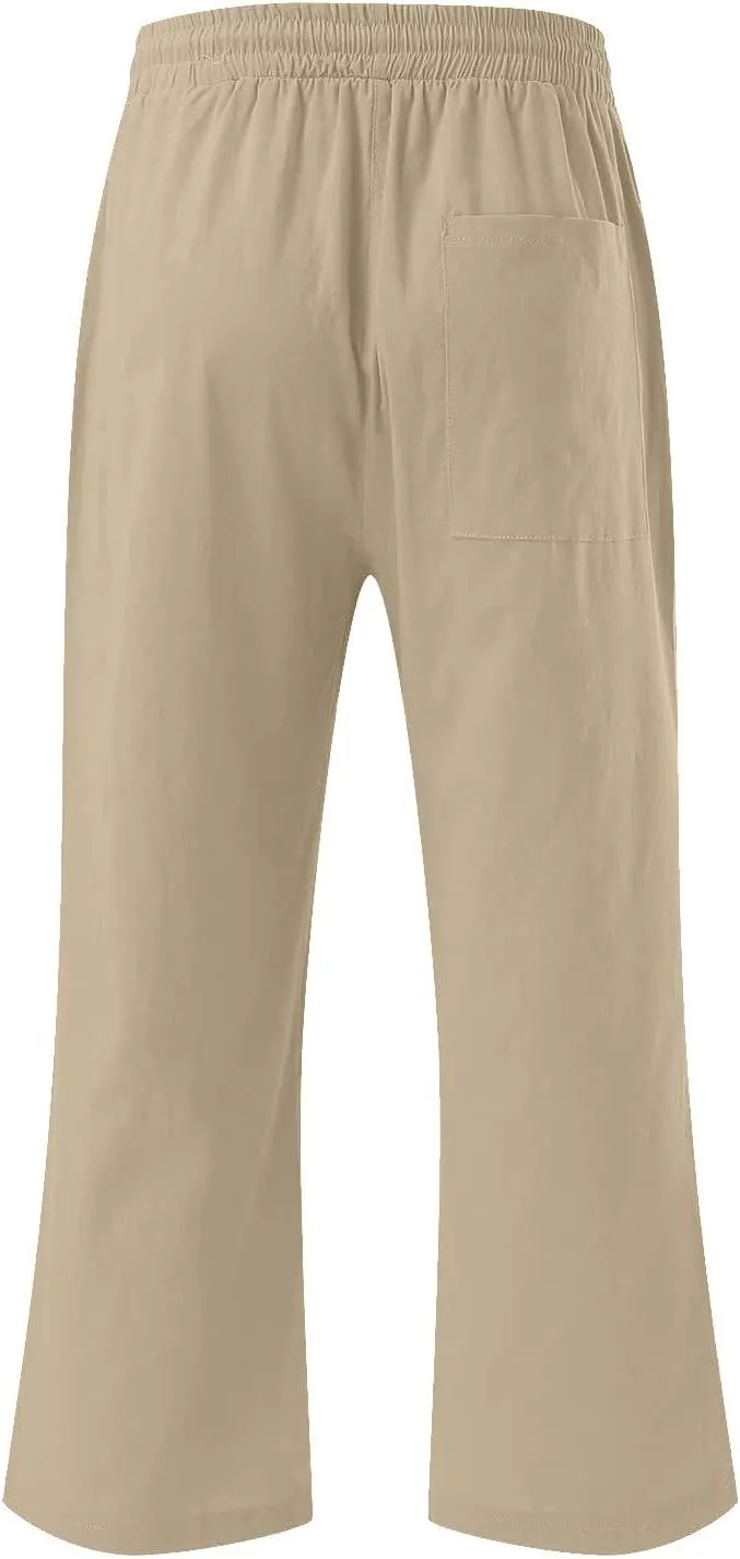 Capris Pants for Women Cotton Linen Casual Summer Plus Size Wide Leg Loose Drawstring Elastic Waist Cropped Trousers