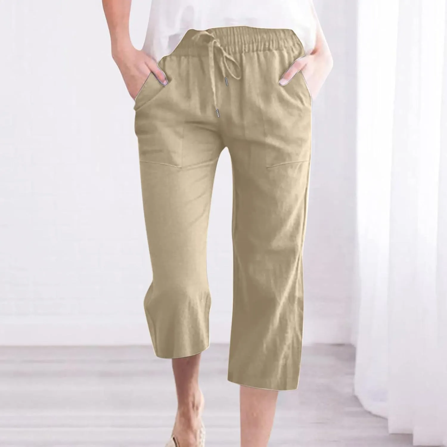 Capris Pants for Women Cotton Linen Casual Summer Plus Size Wide Leg Loose Drawstring Elastic Waist Cropped Trousers