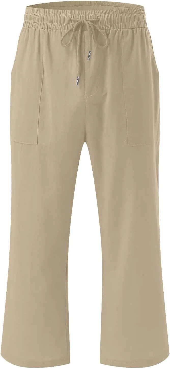 Capris Pants for Women Cotton Linen Casual Summer Plus Size Wide Leg Loose Drawstring Elastic Waist Cropped Trousers