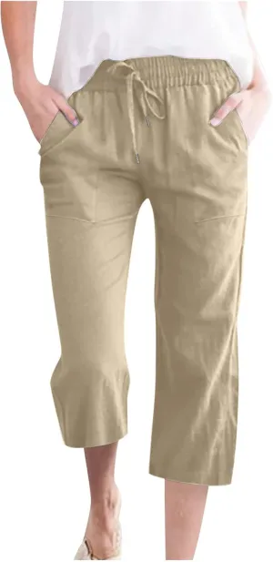 Capris Pants for Women Cotton Linen Casual Summer Plus Size Wide Leg Loose Drawstring Elastic Waist Cropped Trousers