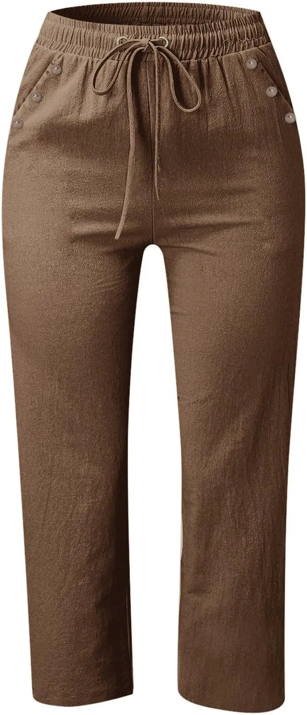 Capris Pants for Women Cotton Linen Summer 2025 Casual Straight Wide Leg Loose Drawstring Elastic Waist Cropped Trouser