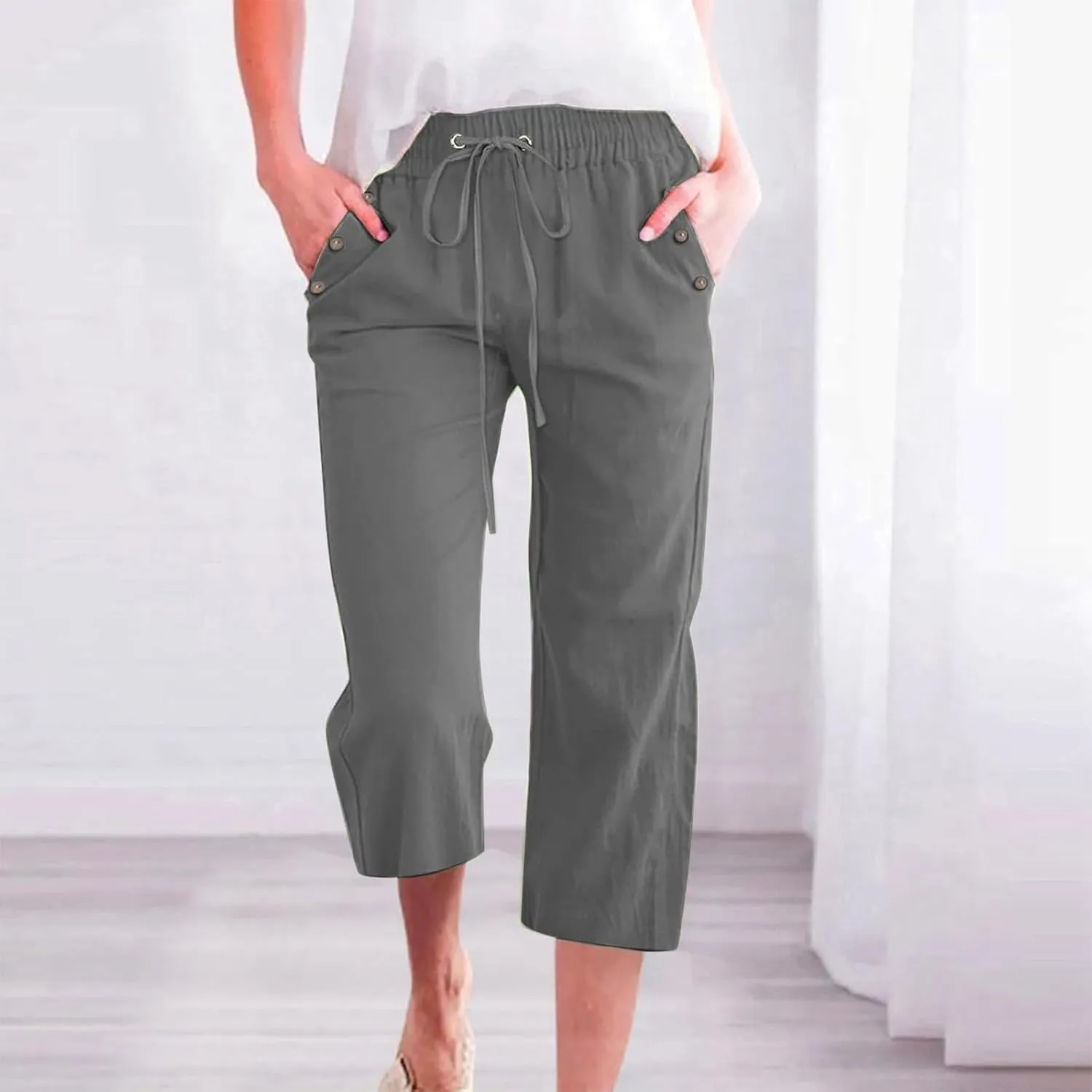 Capris Pants for Women Cotton Linen Summer 2025 Casual Straight Wide Leg Loose Drawstring Elastic Waist Cropped Trouser