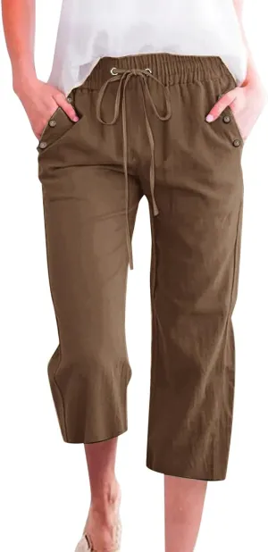 Capris Pants for Women Cotton Linen Summer 2025 Casual Straight Wide Leg Loose Drawstring Elastic Waist Cropped Trouser