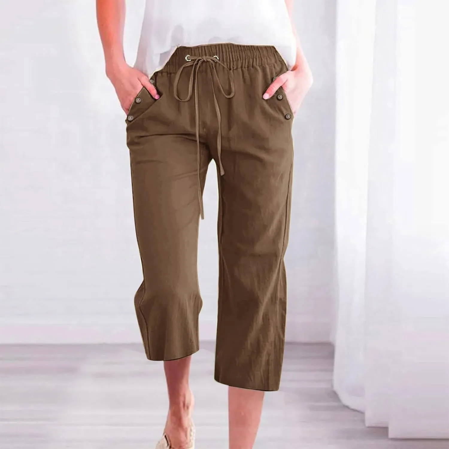 Capris Pants for Women Cotton Linen Summer 2025 Casual Straight Wide Leg Loose Drawstring Elastic Waist Cropped Trouser