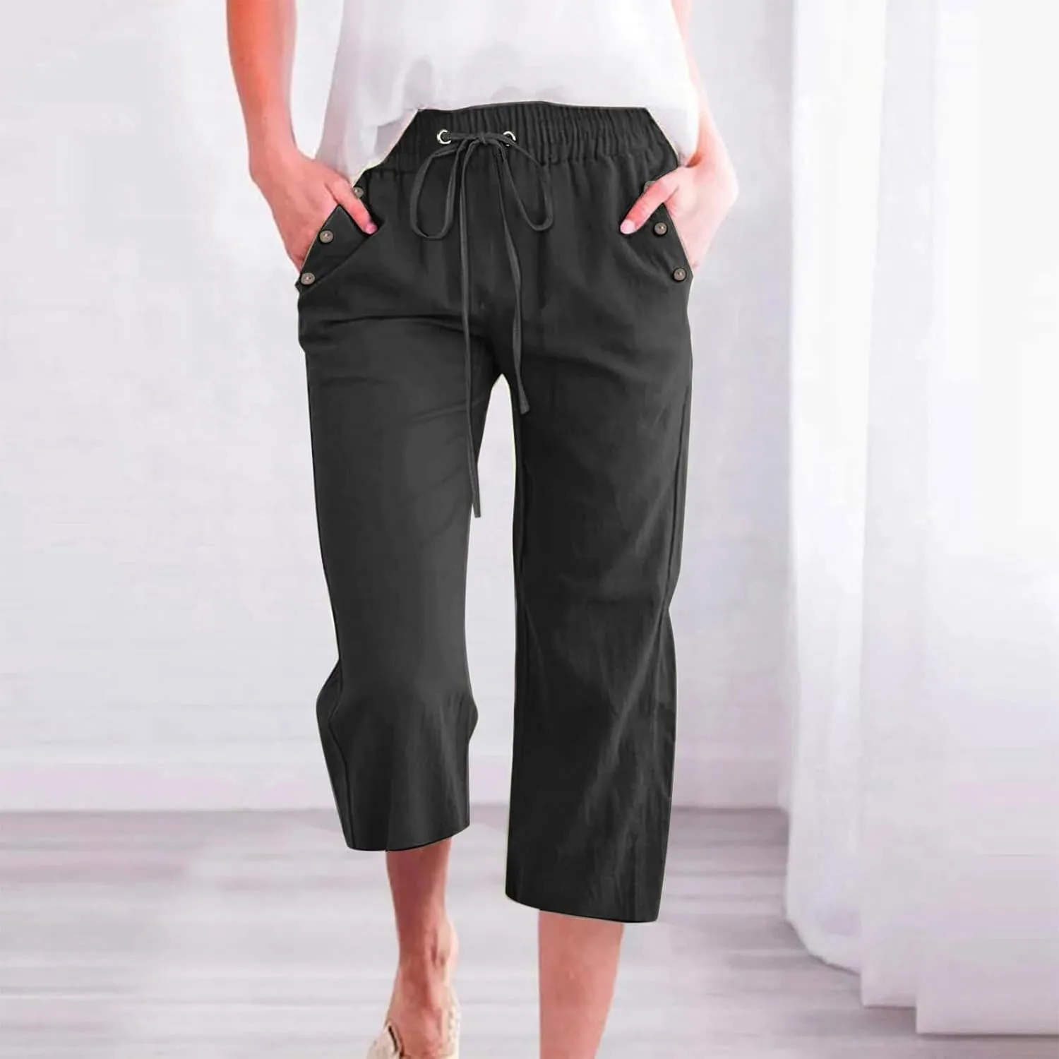 Capris Pants for Women Cotton Linen Summer 2025 Casual Straight Wide Leg Loose Drawstring Elastic Waist Cropped Trouser