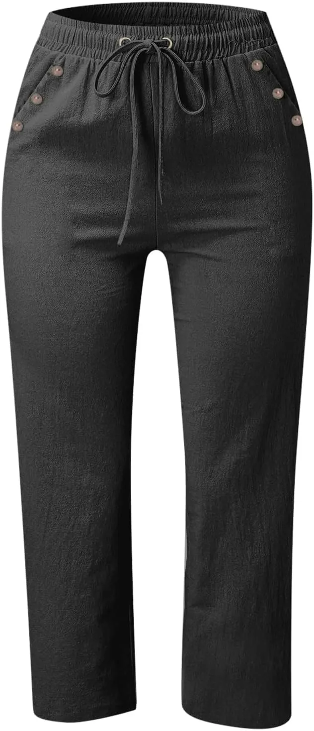 Capris Pants for Women Cotton Linen Summer 2025 Casual Straight Wide Leg Loose Drawstring Elastic Waist Cropped Trouser
