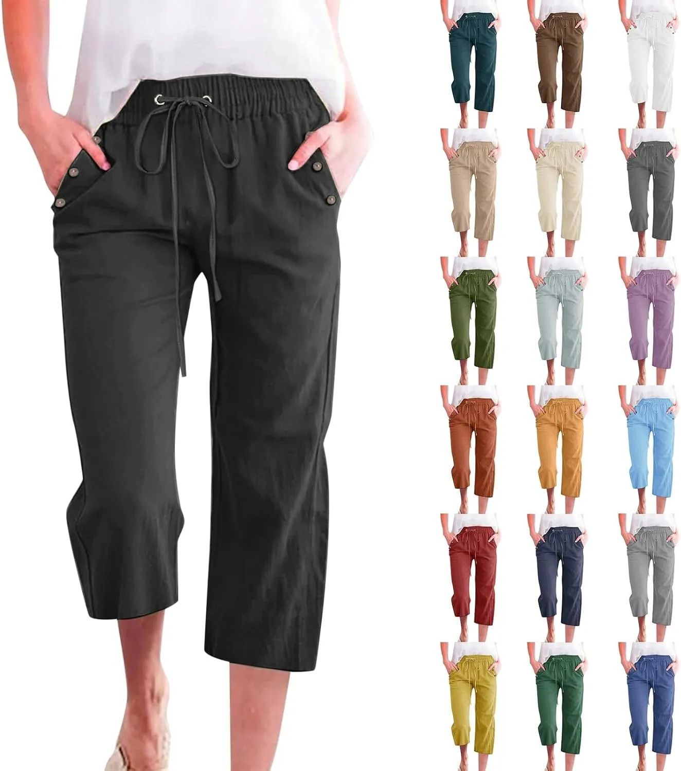 Capris Pants for Women Cotton Linen Summer 2025 Casual Straight Wide Leg Loose Drawstring Elastic Waist Cropped Trouser