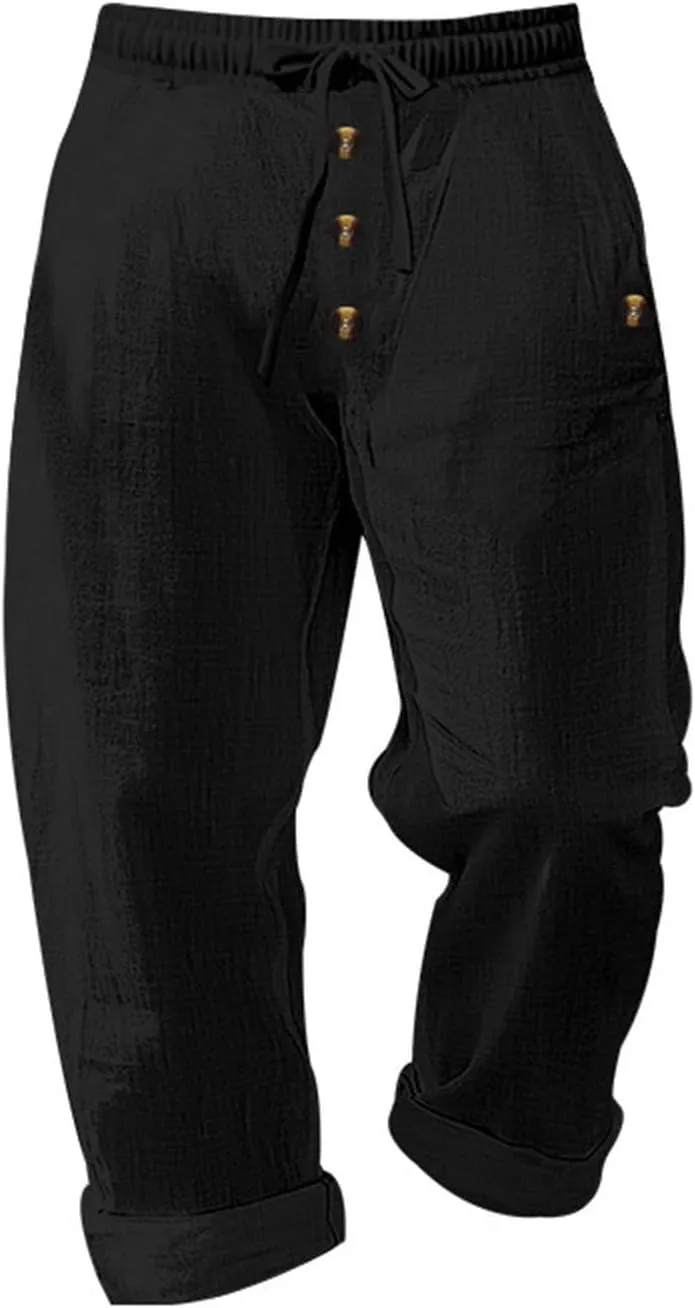 Casual Solid Color Linen Loose Drawstring Button-Straight Pants 2025