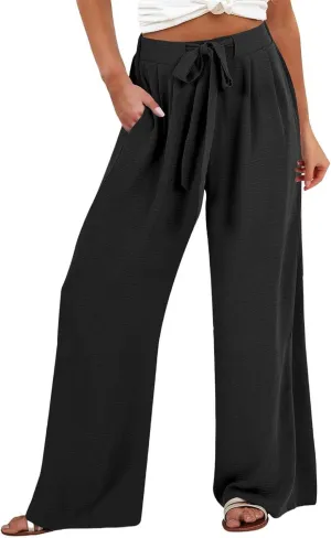 Cotton Linen Pants Women,Summer Wide Leg Palazzo Pants,Casual High Waist Tie Knot Flowy Trousers,Loose Beach Vacation Outfits