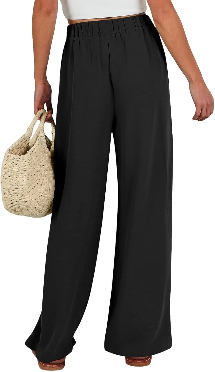Cotton Linen Pants Women,Summer Wide Leg Palazzo Pants,Casual High Waist Tie Knot Flowy Trousers,Loose Beach Vacation Outfits