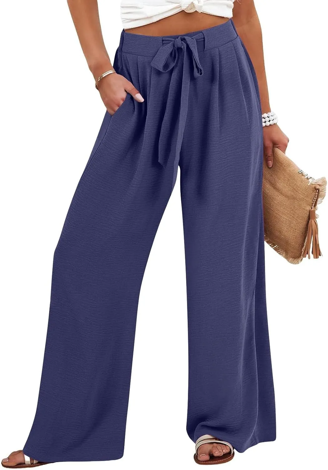 Cotton Linen Pants Women,Summer Wide Leg Palazzo Pants,Casual High Waist Tie Knot Flowy Trousers,Loose Beach Vacation Outfits