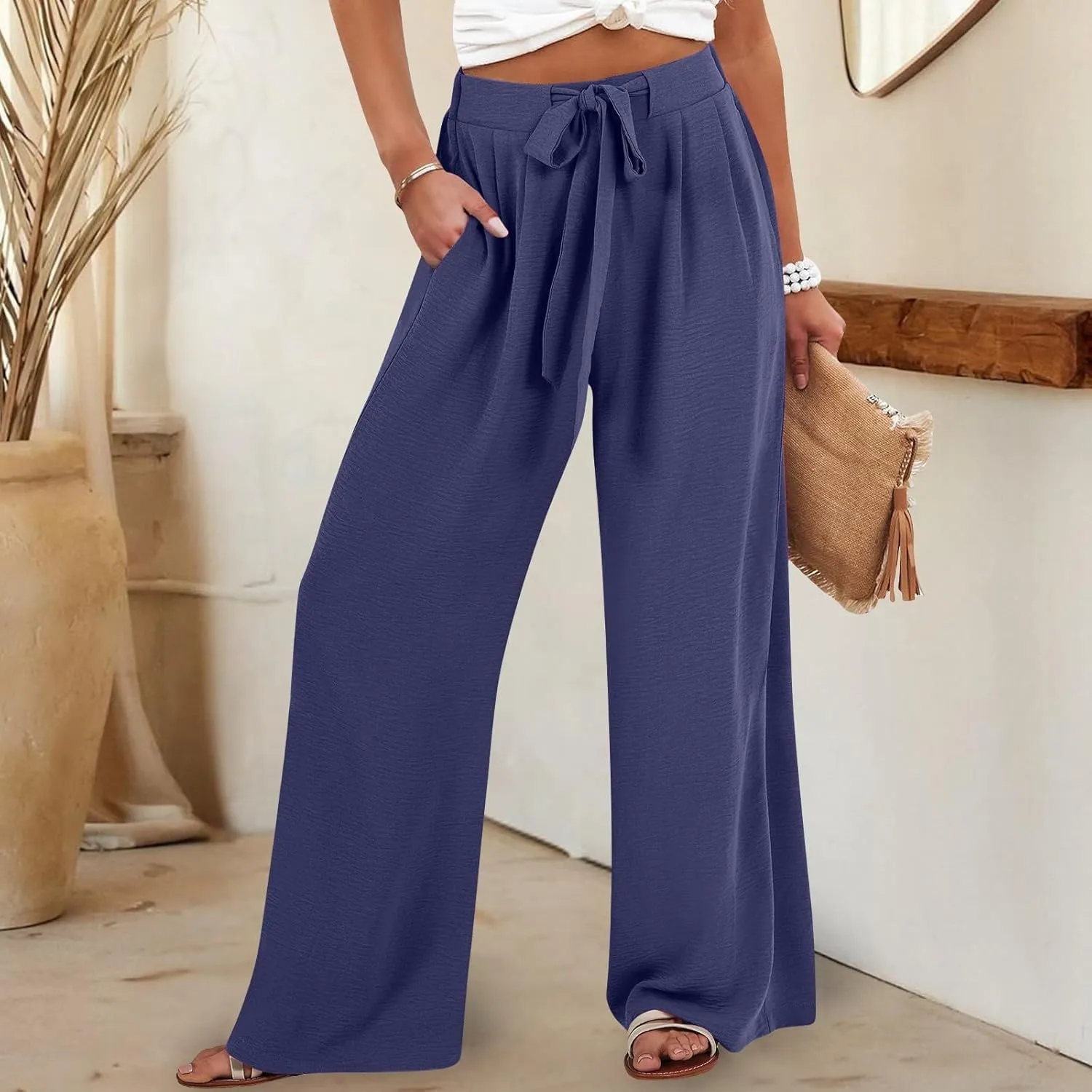 Cotton Linen Pants Women,Summer Wide Leg Palazzo Pants,Casual High Waist Tie Knot Flowy Trousers,Loose Beach Vacation Outfits