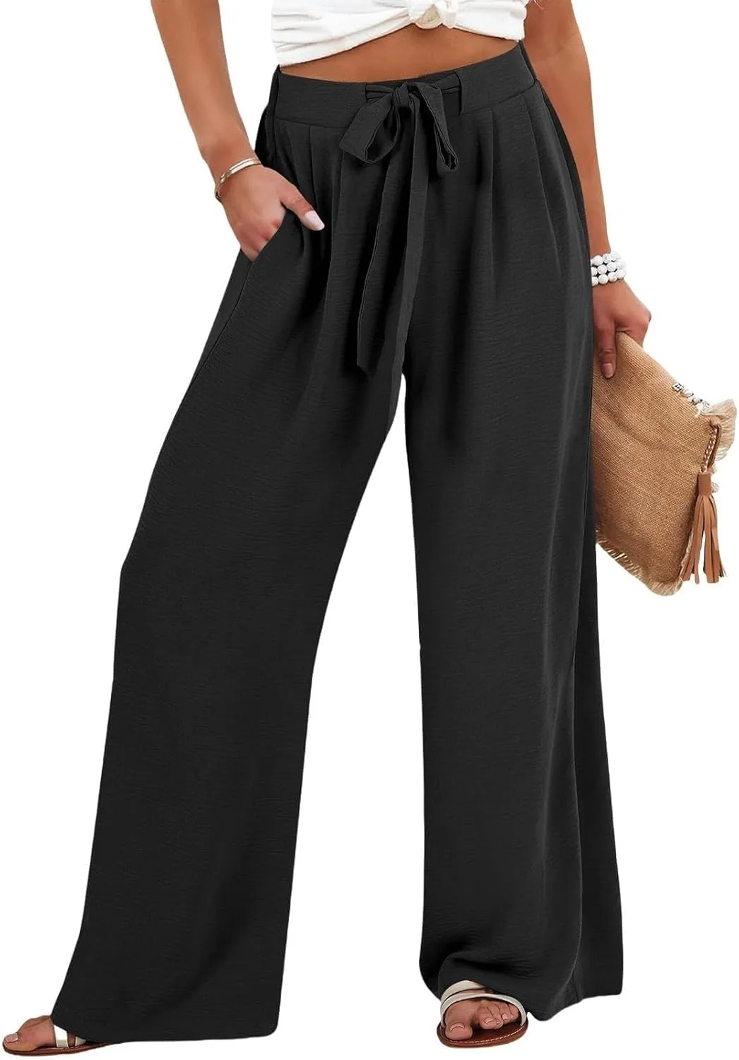 Cotton Linen Pants Women,Summer Wide Leg Palazzo Pants,Casual High Waist Tie Knot Flowy Trousers,Loose Beach Vacation Outfits