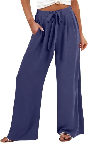 Cotton Linen Pants Women,Summer Wide Leg Palazzo Pants,Casual High Waist Tie Knot Flowy Trousers,Loose Beach Vacation Outfits