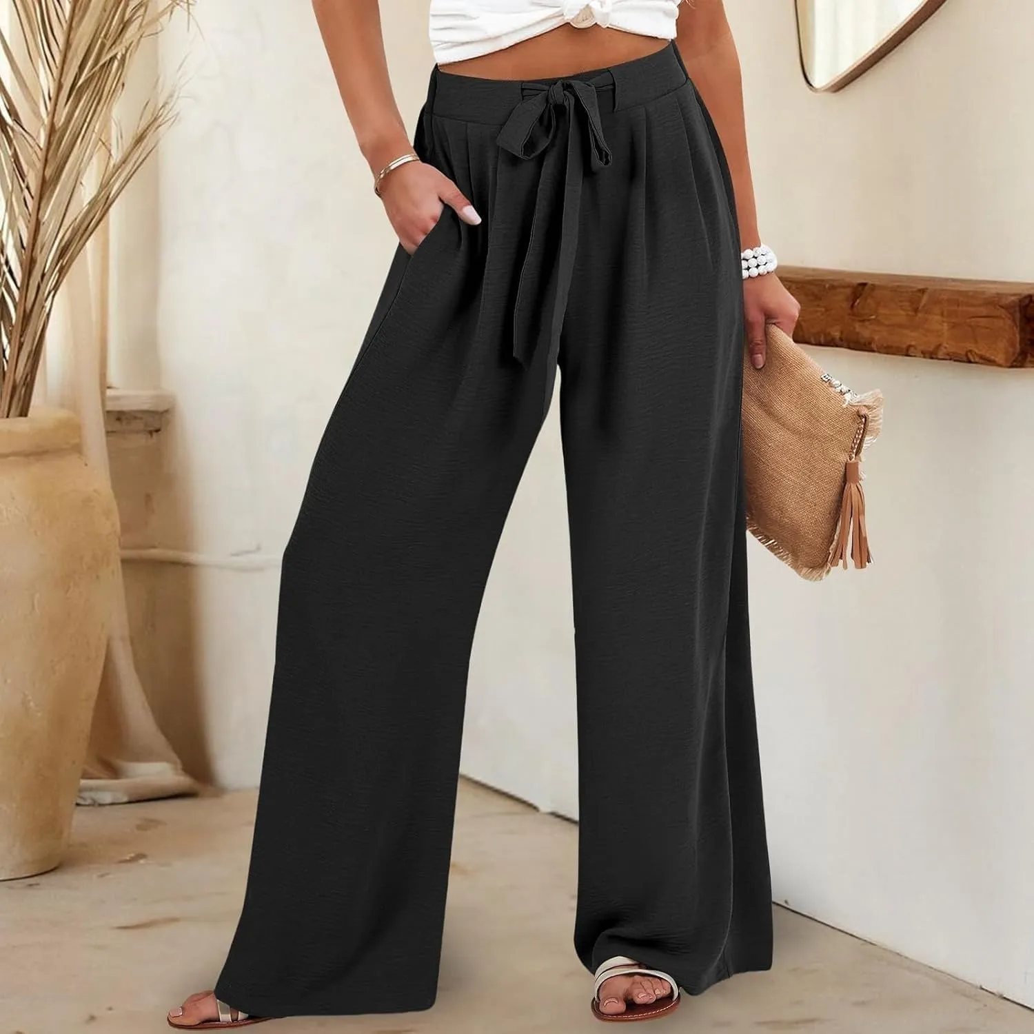 Cotton Linen Pants Women,Summer Wide Leg Palazzo Pants,Casual High Waist Tie Knot Flowy Trousers,Loose Beach Vacation Outfits