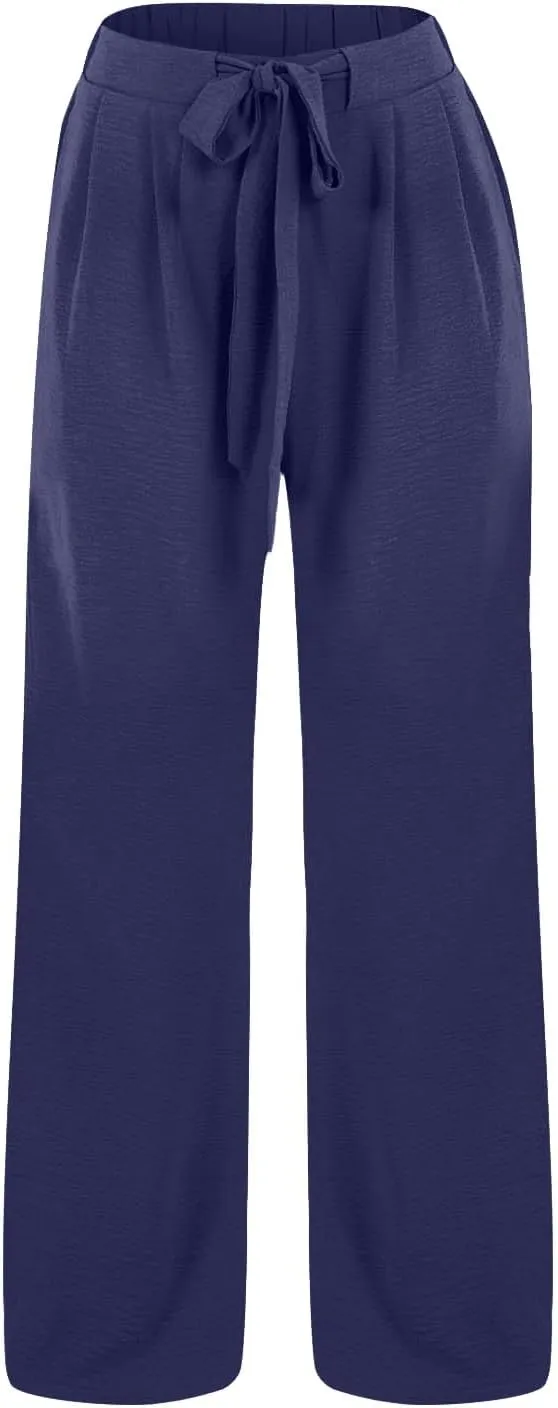 Cotton Linen Pants Women,Summer Wide Leg Palazzo Pants,Casual High Waist Tie Knot Flowy Trousers,Loose Beach Vacation Outfits