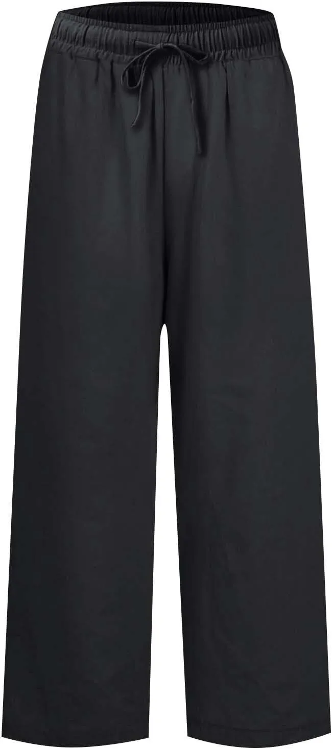 Cropped Linen Pants Women Summer Casual Drawstring Elastic High Waisted Business Casual Pants Wide Leg Work Tousers