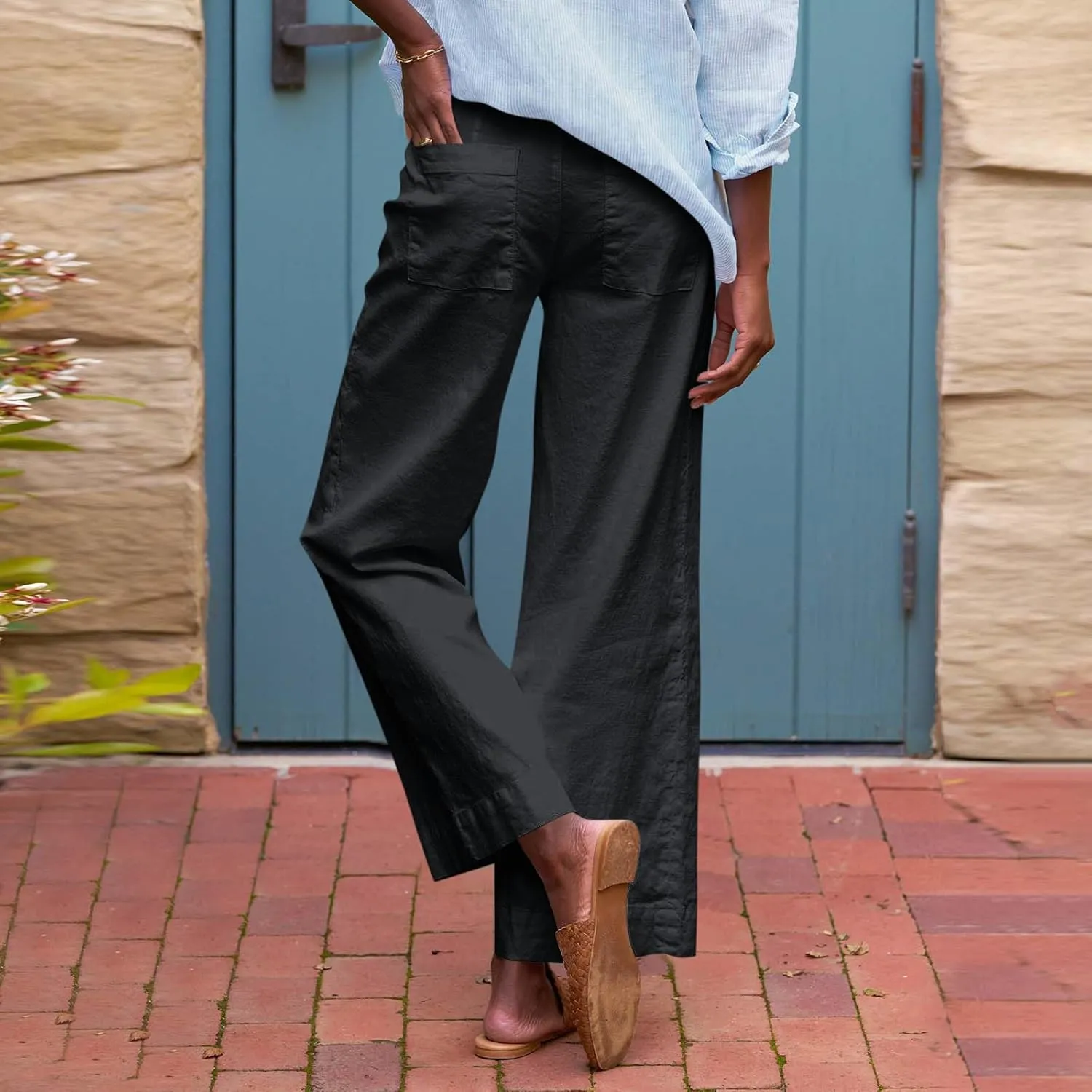 Cropped Linen Pants Women Summer Casual Drawstring Elastic High Waisted Business Casual Pants Wide Leg Work Tousers