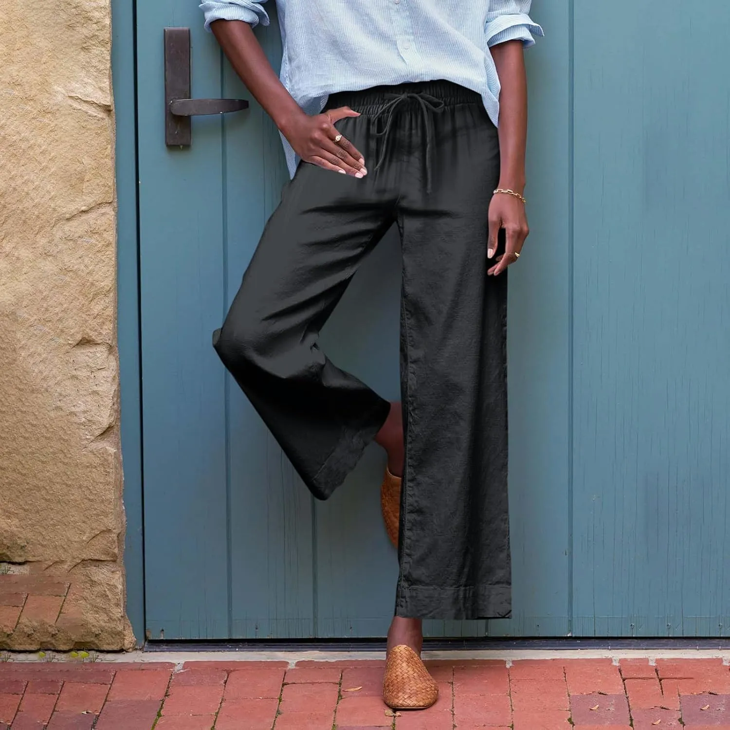 Cropped Linen Pants Women Summer Casual Drawstring Elastic High Waisted Business Casual Pants Wide Leg Work Tousers