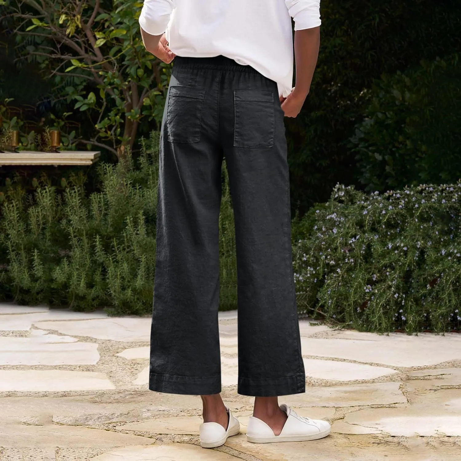 Cropped Linen Pants Women Summer Casual Drawstring Elastic High Waisted Business Casual Pants Wide Leg Work Tousers